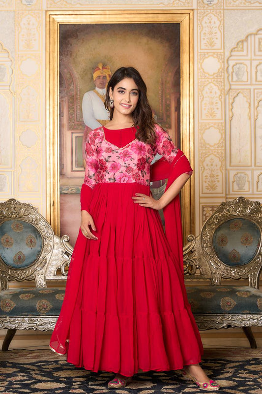 Red  color georgette printed gown for party images