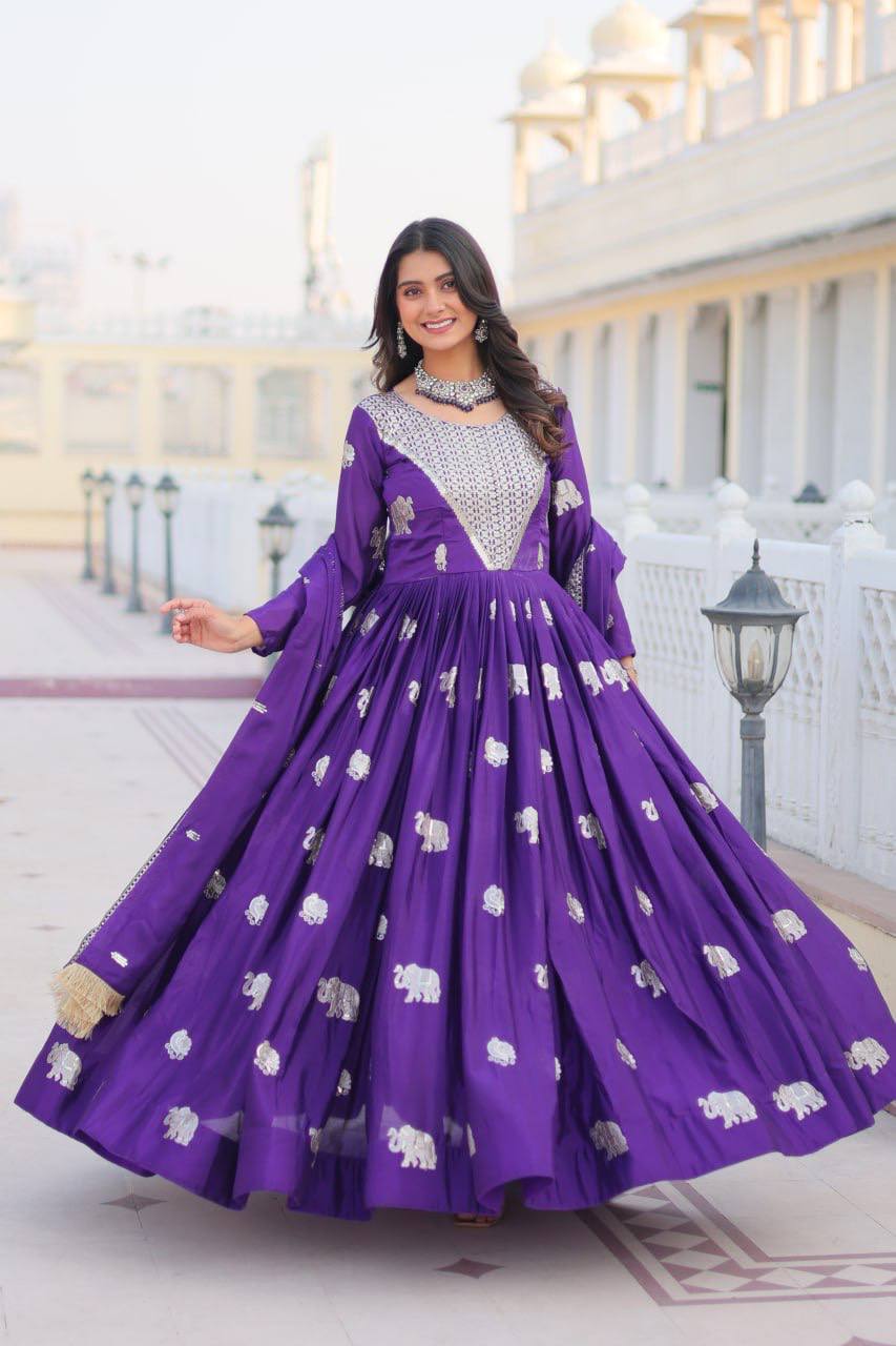 Purple color Georgette gown for party wear online shopping