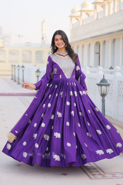 Purple color Georgette gown for party wear online shopping