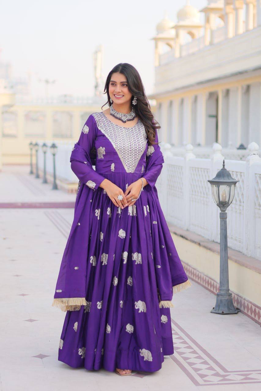 Purple color Georgette gown fwith dupatta images