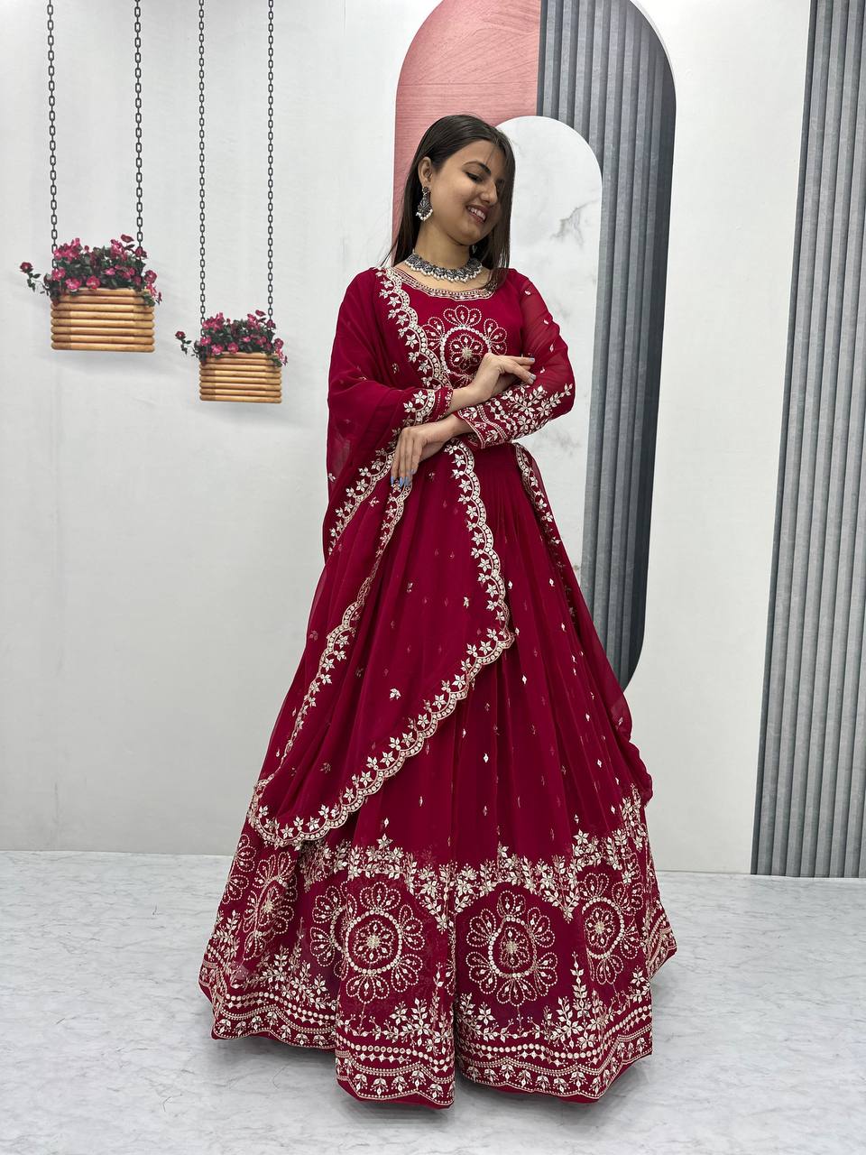 Red color georgette lehenga choli for wedding
