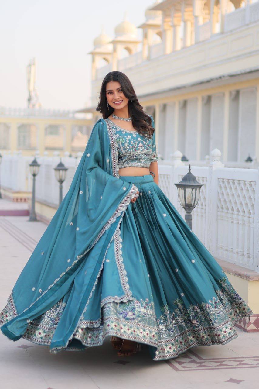 Teal Green color Chinon sequins work lehenga choli for wedding