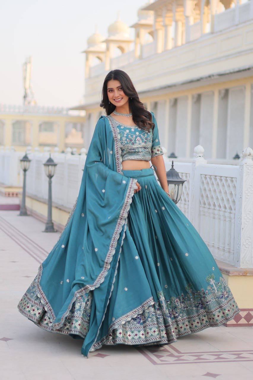 Chinon sequins work Teal green color  lehenga choli for women online