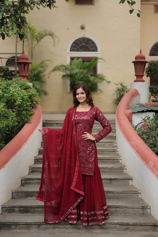 Maroon georgette sharara suit for women with dupatta
