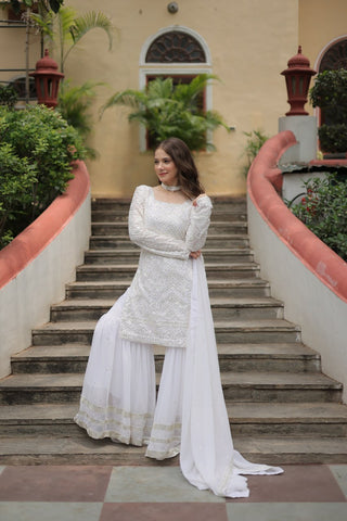 White georgette sharara suit for women with dupatta
