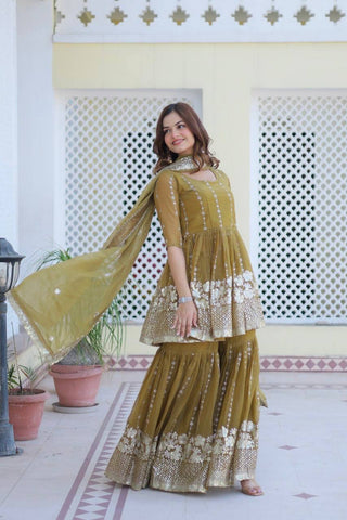 Mehndi pure shimmer sharara suit for women online
