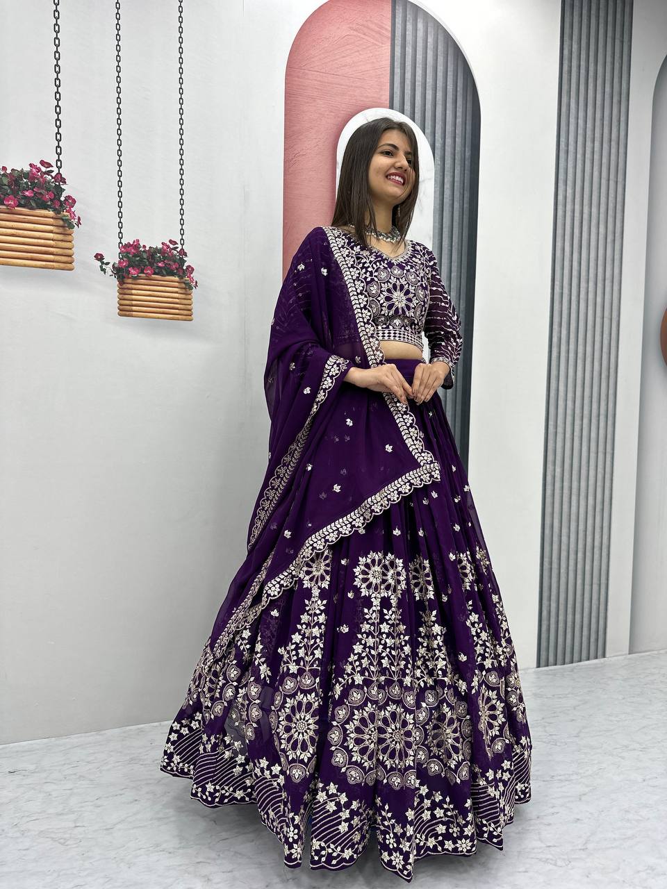Purple color georgette lehenga choli  design look
