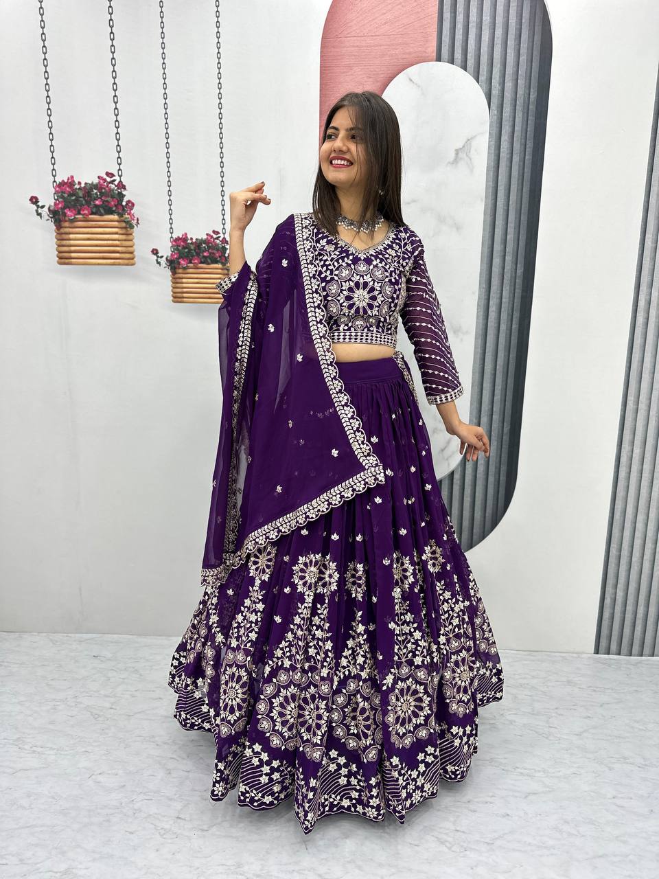 Purple color georgette lehenga choli for women price
