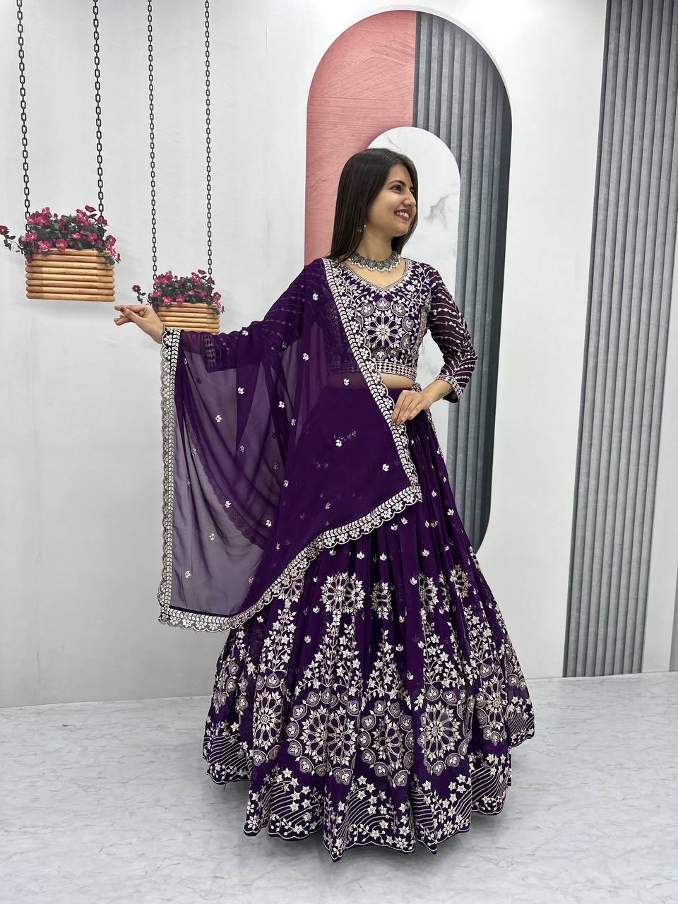 Purple color georgette lehenga choli for wedding
