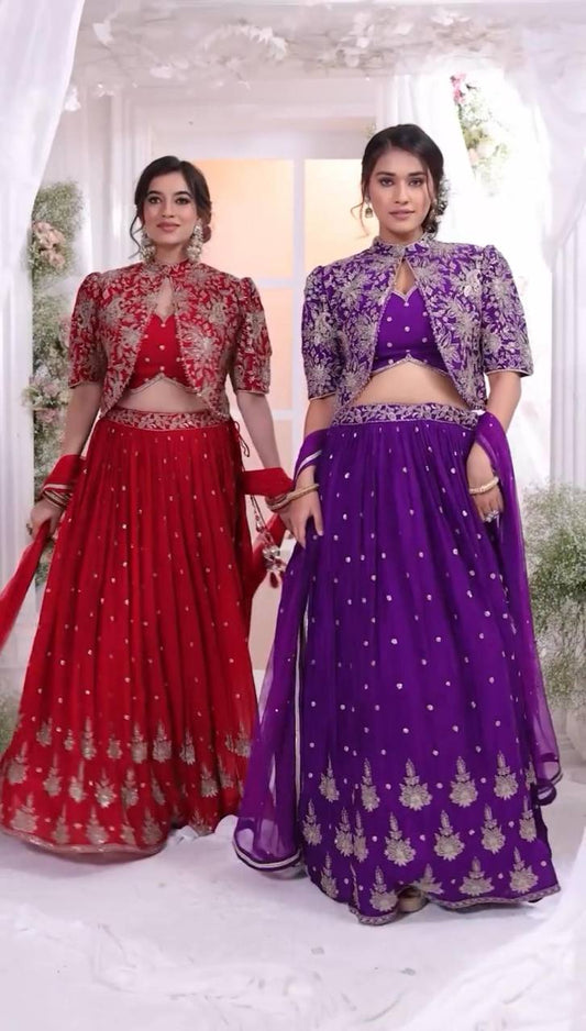 Red color chinon sequins work lehenga choli with jacket