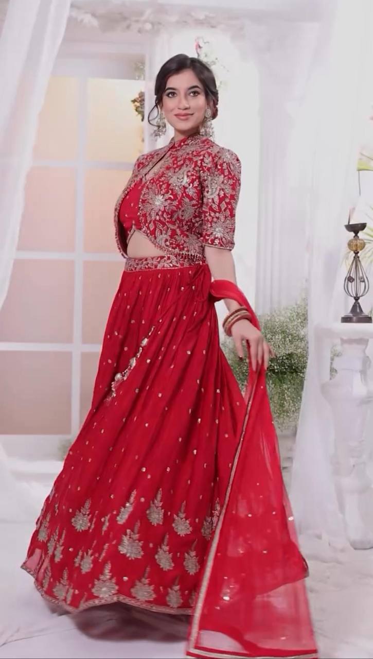 Red color chinon sequins work lehenga choli with jacket price