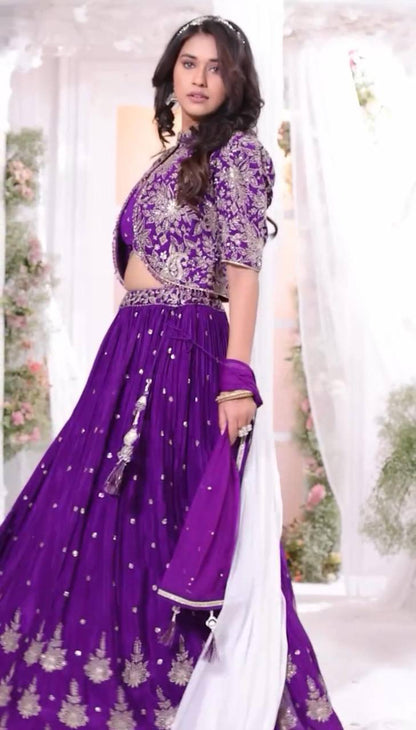 Purple color chinon sequins work lehenga choli with jacket images