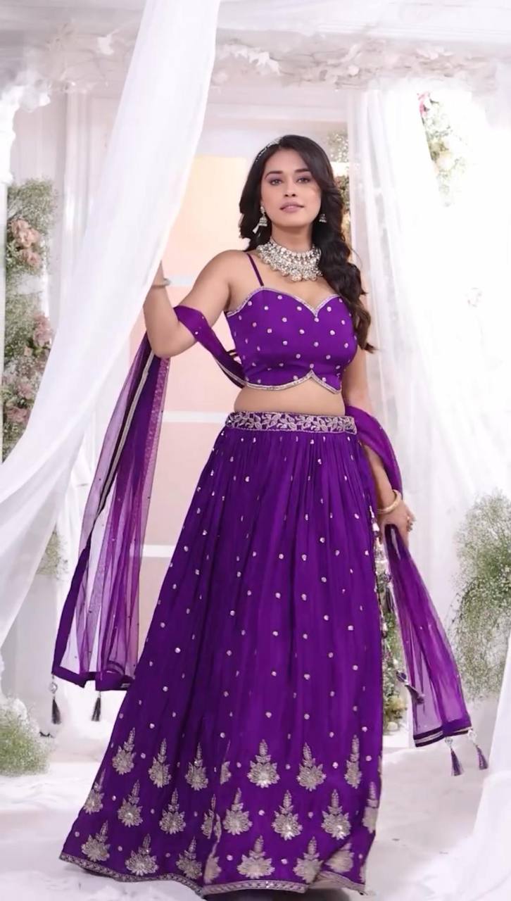 Purple color chinon sequins work lehenga choli with jacket price