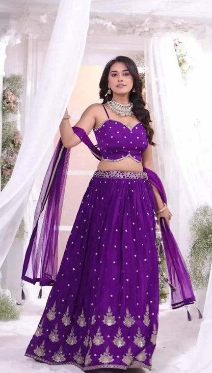 Purple color chinon sequins work lehenga choli with jacket price