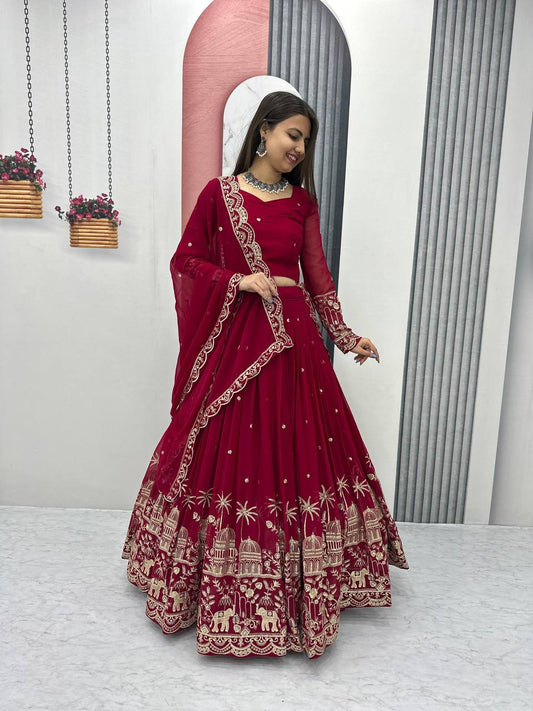 Red color georgette sequins work lehenga choli