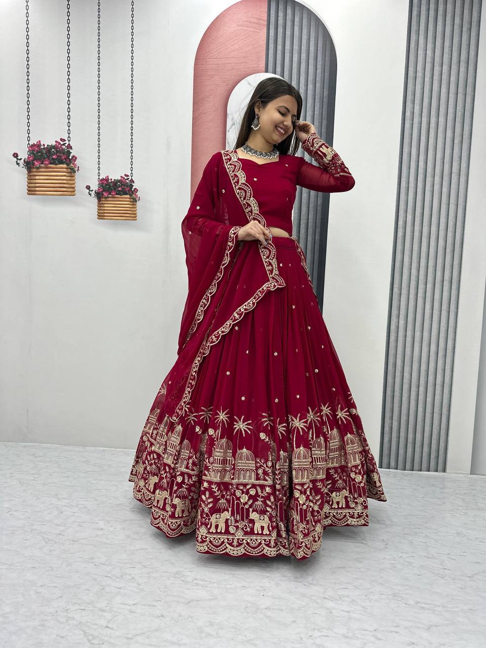 Red color georgette sequins work lehenga choli online