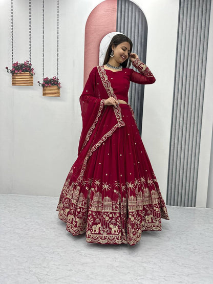 Red color georgette sequins work lehenga choli online