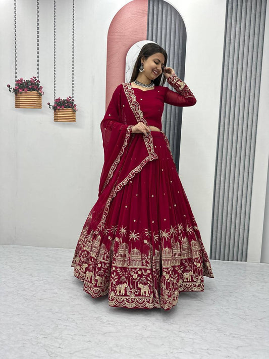 Red color georgette sequins work lehenga choli online