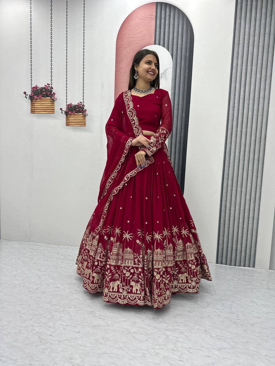 Red color georgette sequins work lehenga choli for party