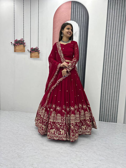 Red color georgette sequins work lehenga choli for party