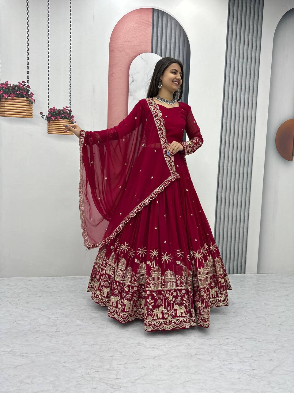 Red color georgette readymade lehenga choli