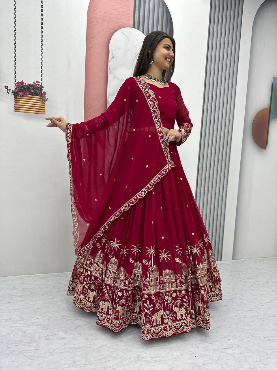 Red color georgette stitched lehenga choli images