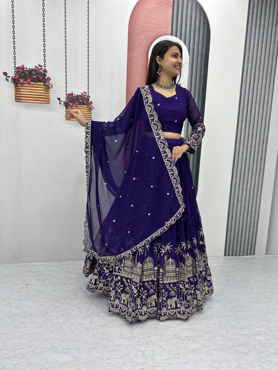 Purple color georgette lehenga choli for wedding
