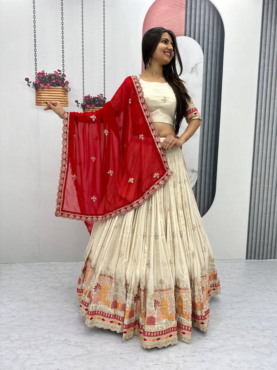 Off white color chinon lehenga choli for wedding
