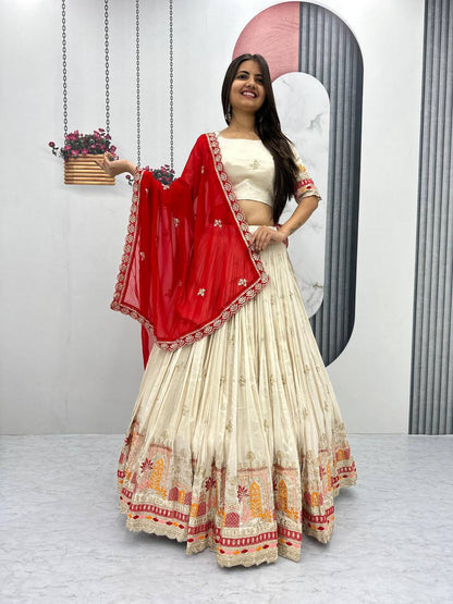 Off white color chinon lehenga choli for women
