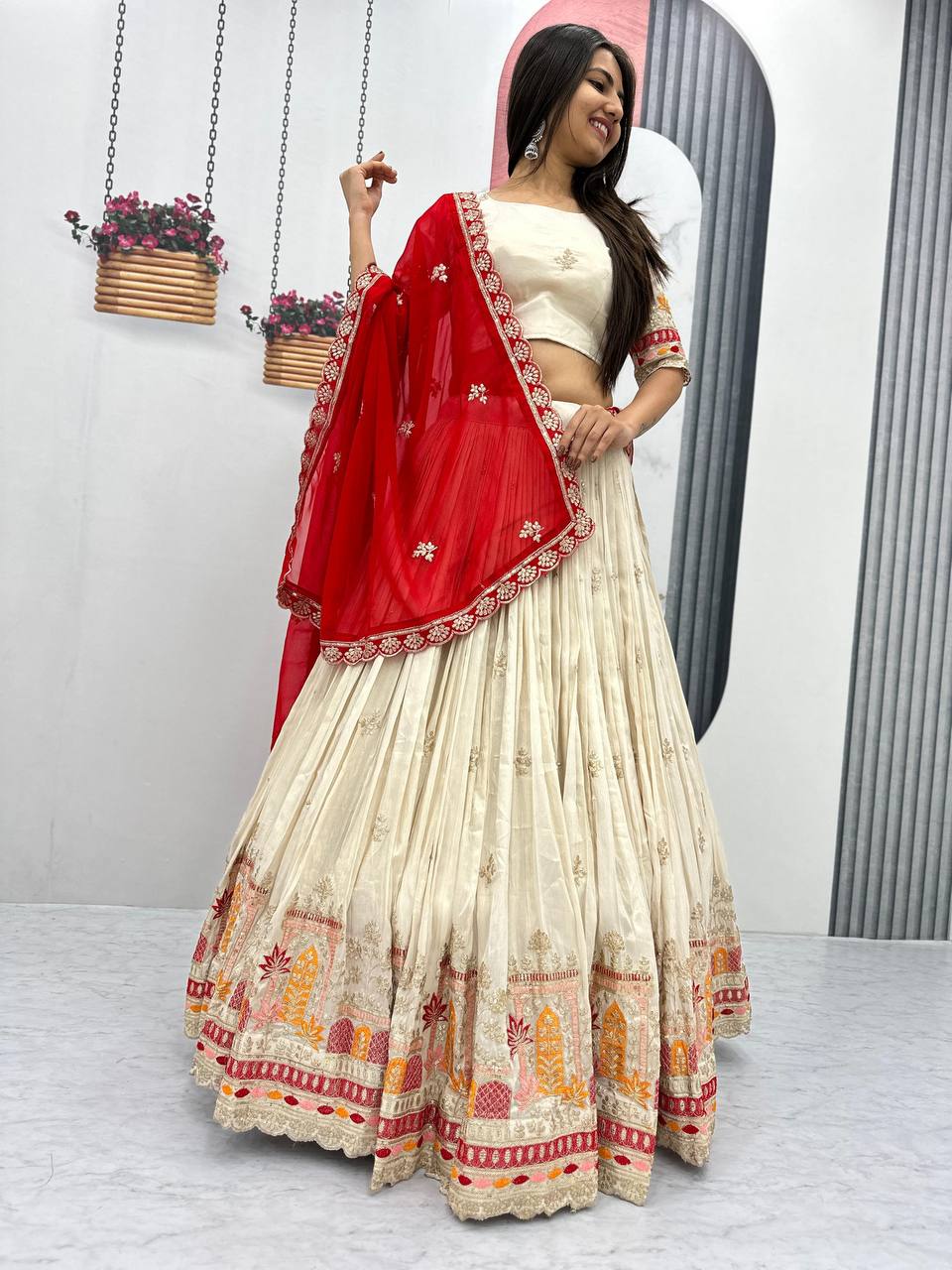 Off white color chinon lehenga choli  images
