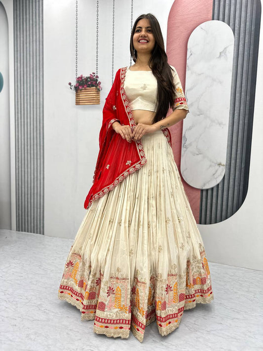 Off white color chinon lehenga choli for women
