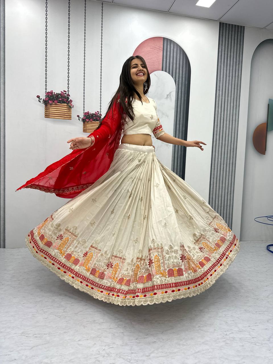 Off white color chinon lehenga choli with dupatta
