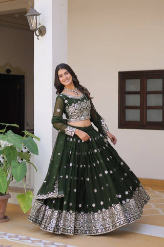 Dark green georgette lehenga choli for women
