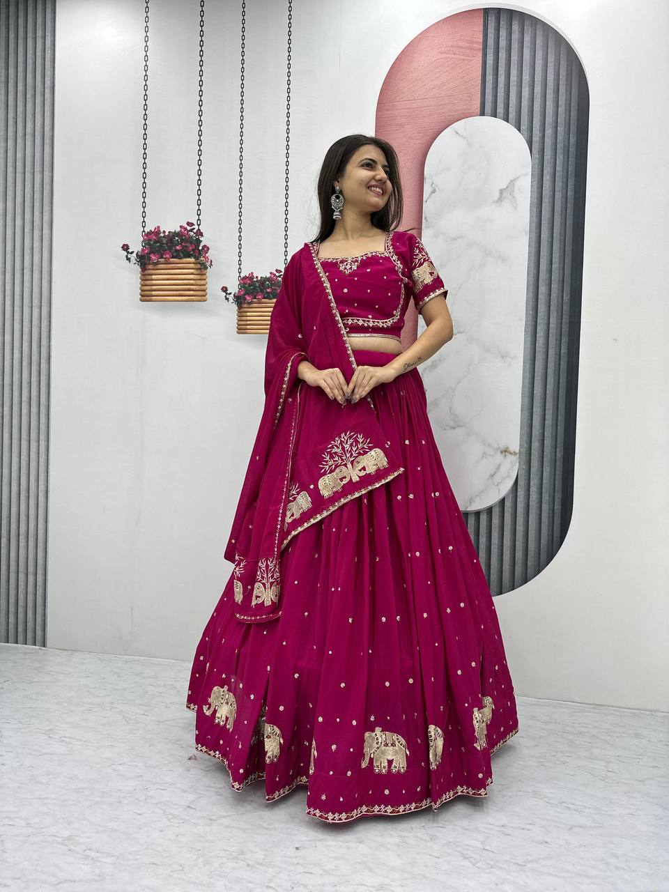 Pink color chinon readymade lehenga choli for women online
