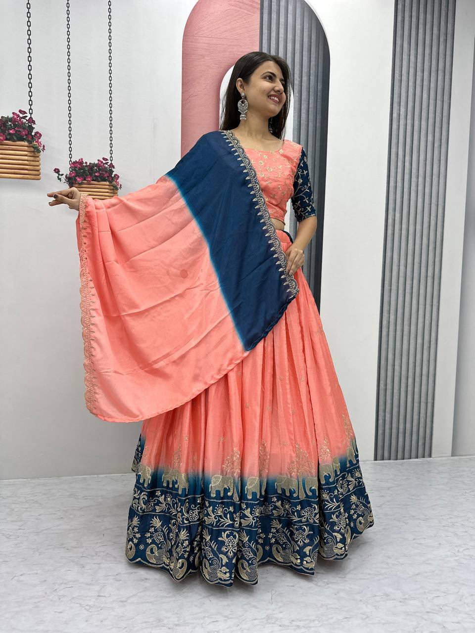 Peach color chinon lehenga choli online