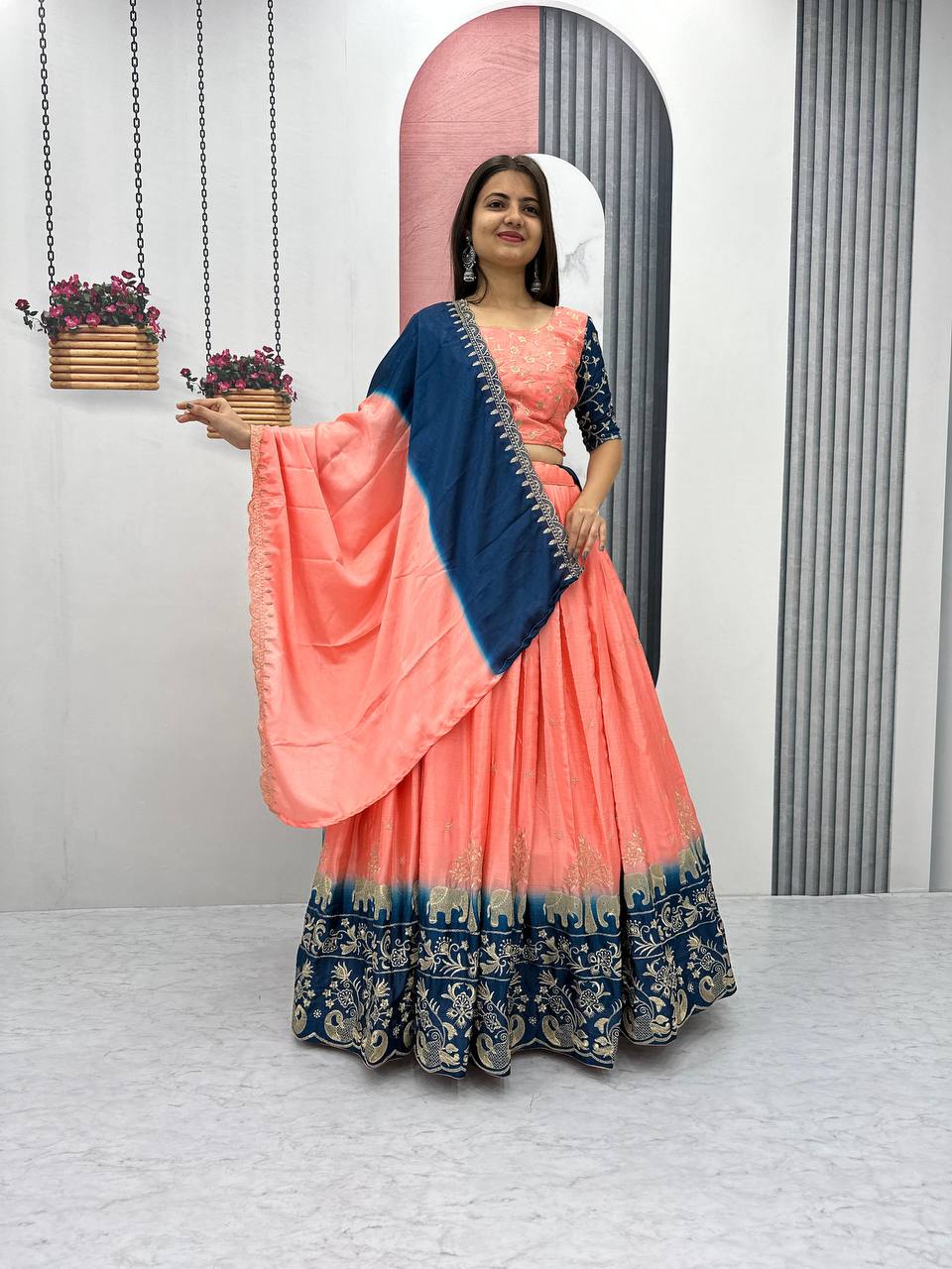 Peach color chinon lehenga choli for women