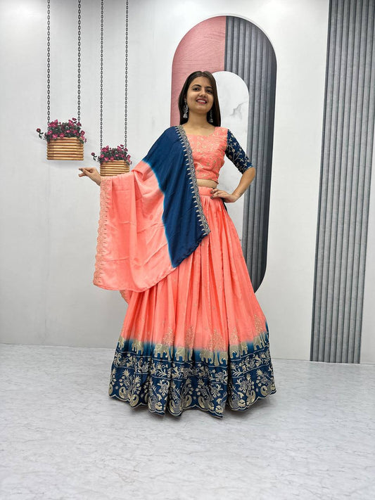 Peach color chinon lehenga choli for wedding