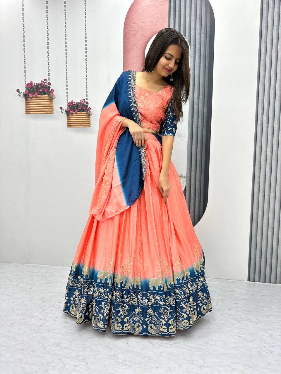 Peach color chinon lehenga choli images