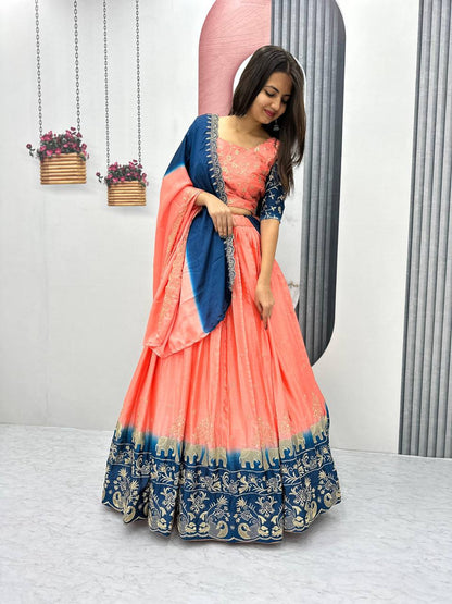 Peach color chinon lehenga choli images