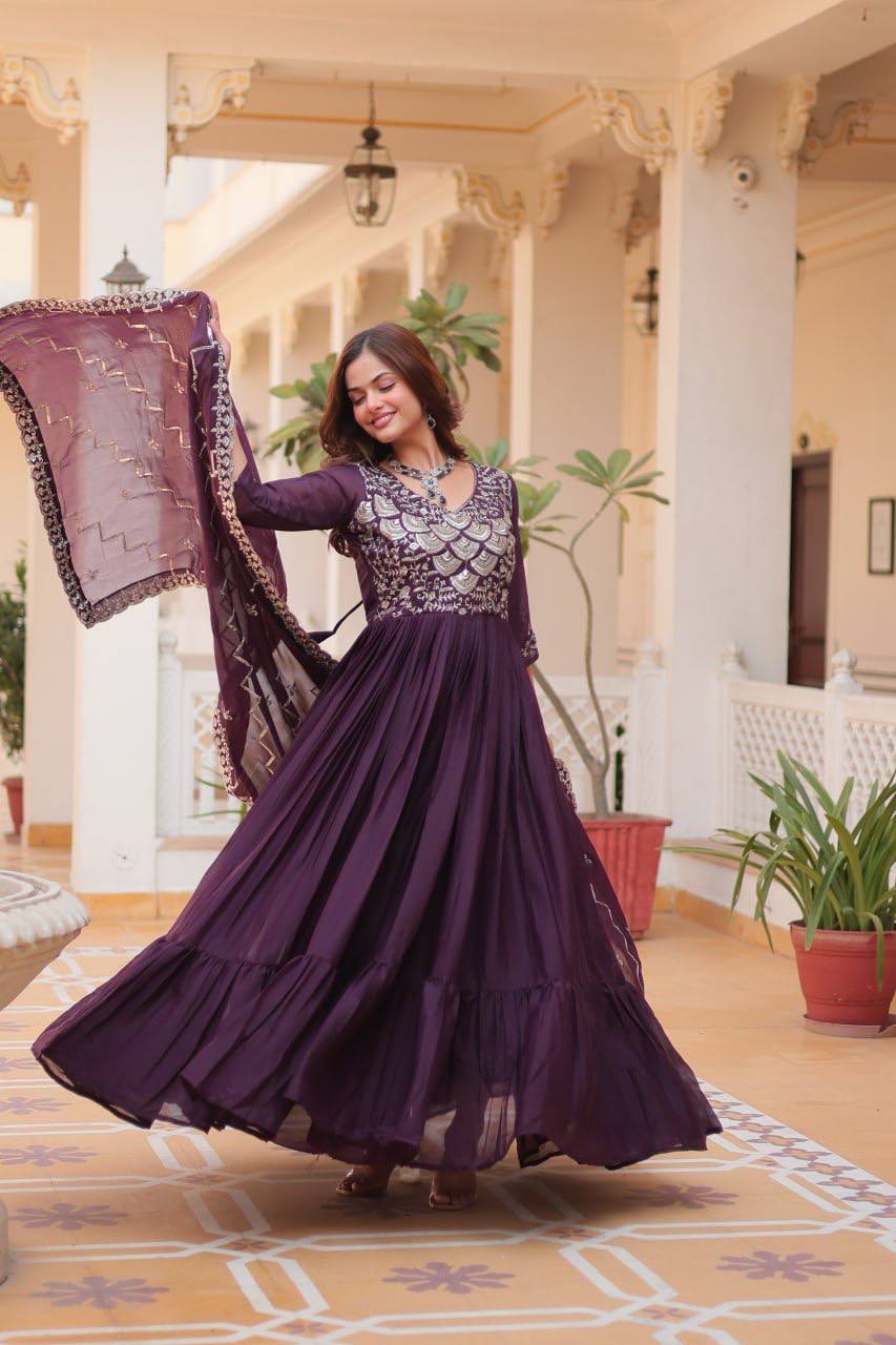 anarkali dress purple colour Purple Georgette Embroidered Anarkali Gown