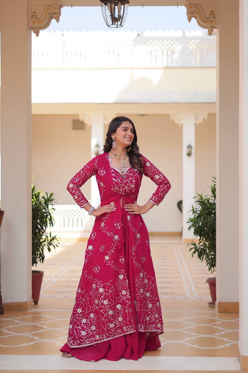 Long sleeve pink color georgette gown for women
