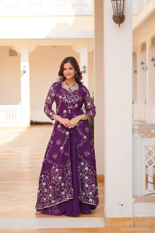 Long sleeve purple color georgette gown for women
