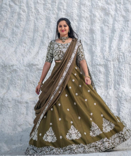 Mehendi color chinon lehenga choli online shopping