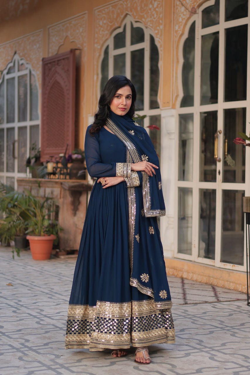 Teal Blue color faux blooming anarkali gown online shopping