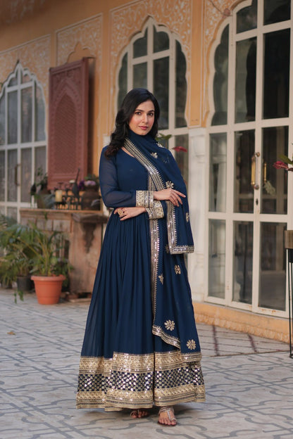 Teal Blue color faux blooming anarkali gown online shopping