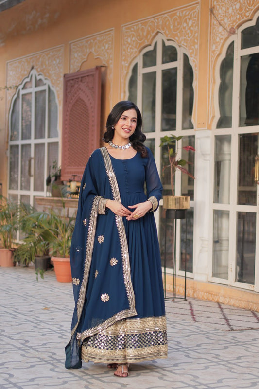 Teal Blue color faux blooming anarkali gown for women