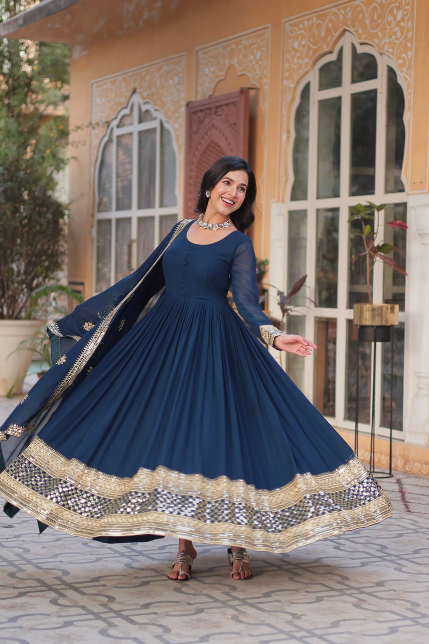 Teal Blue color faux blooming anarkali gown design