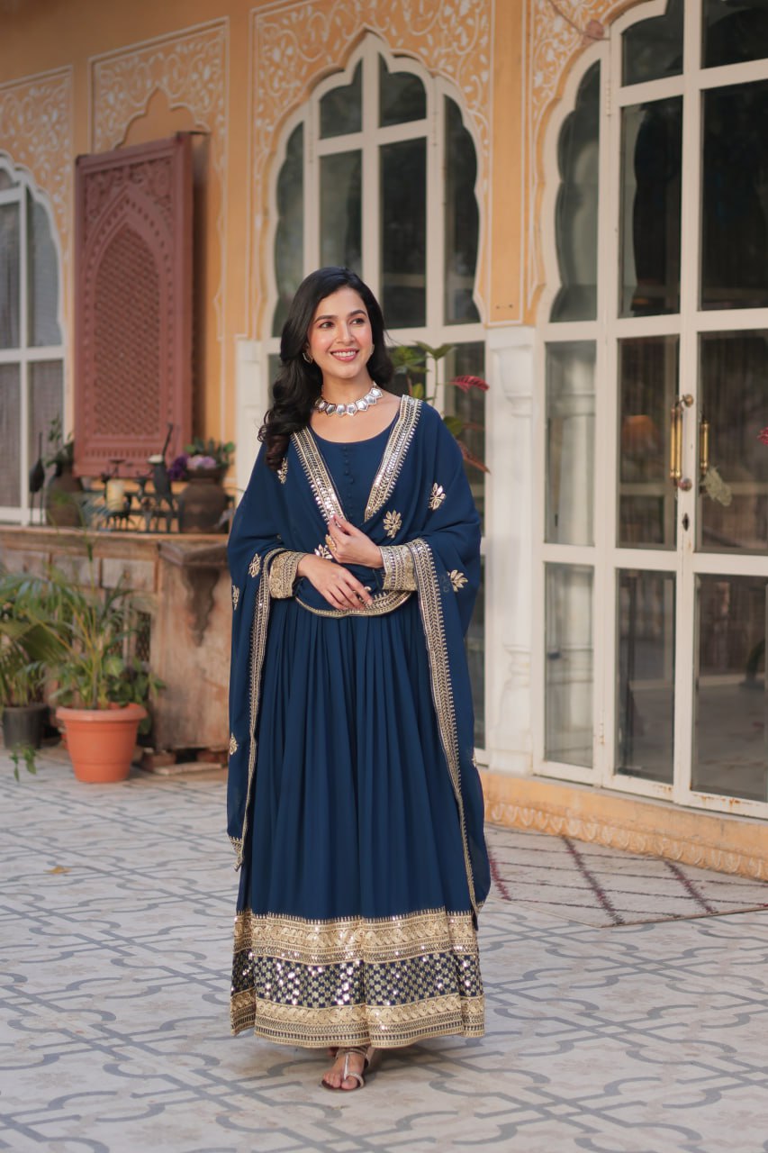 Teal Blue color faux blooming anarkali gown images