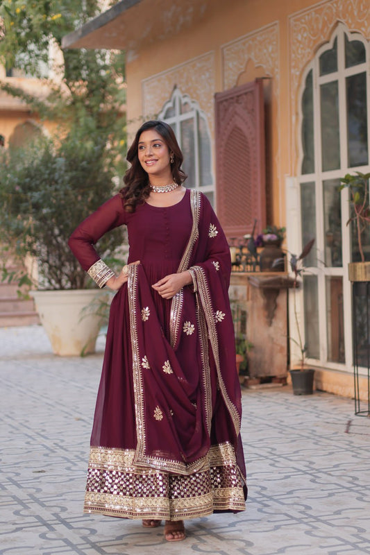 Maroon color faux blooming long gown with dupatta 