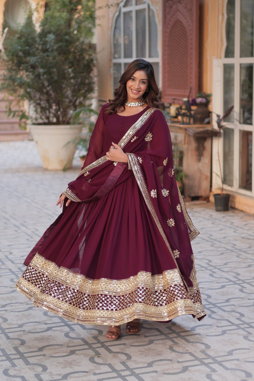 Maroon color faux blooming long gown online